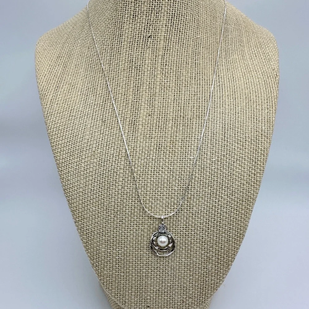 Sterling Silver Pearl & CZ Pendant Necklace